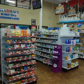 Pharmacy shelves with various products