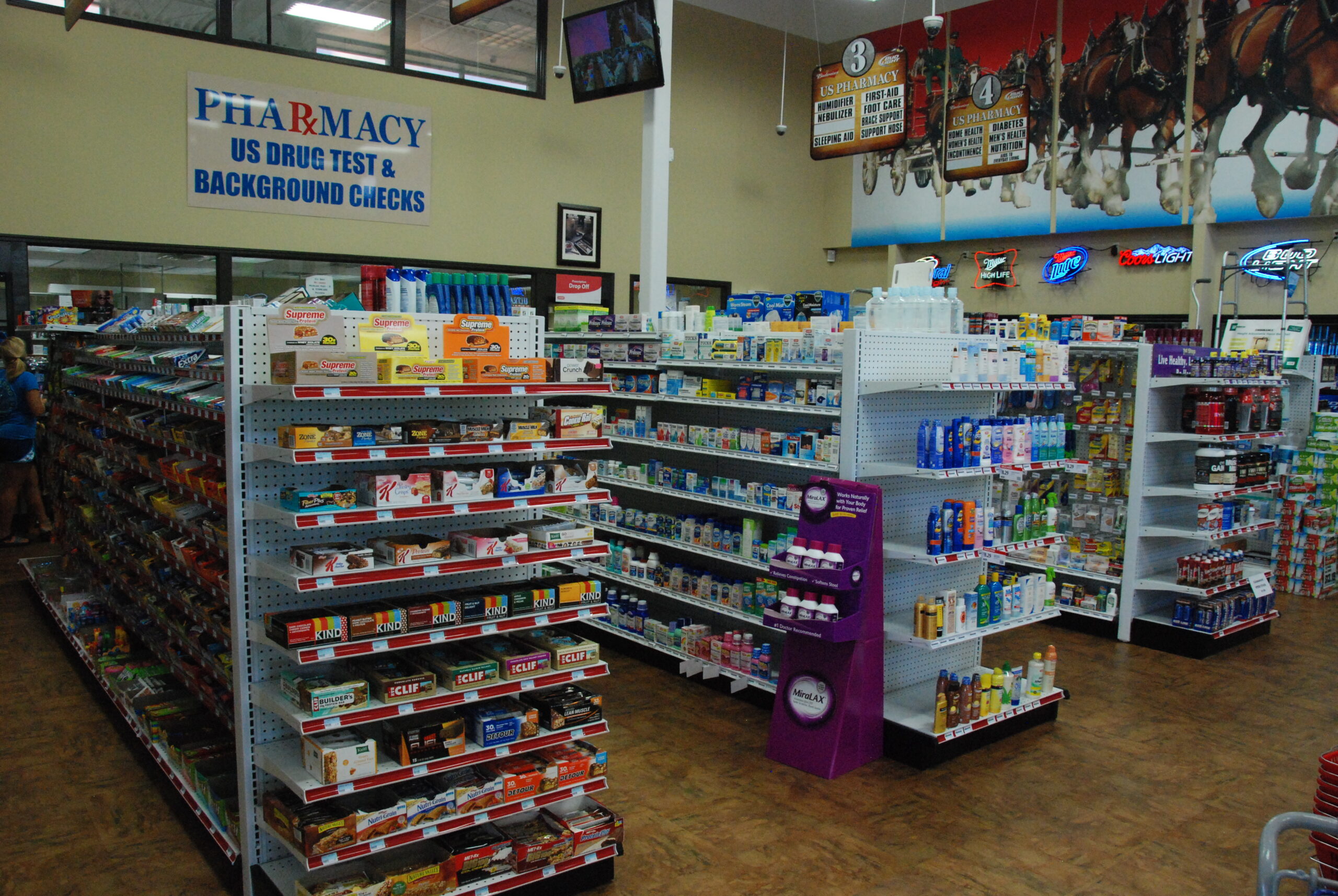 Pharmacy shelves with various products