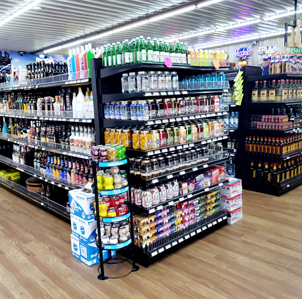 Store shelves with beverage displays